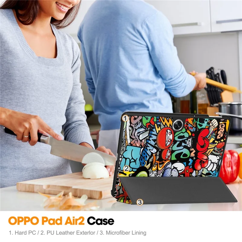For Oppo Pad Go / Pad Air 2 Tablet Case Trifold Stand Pattern Printing Drop-proof Cover - Graffiti