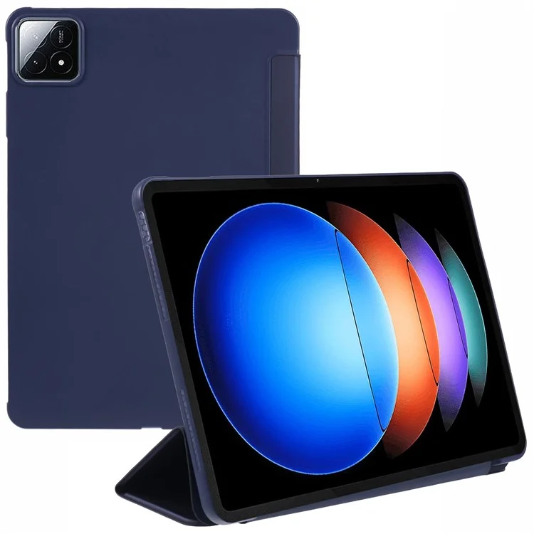 Para Xiaomi Pad 6S Pro 12.4 Case Tri-fold Stand Shell PU Leather+Silicone Tablet Cover - Dark Blue