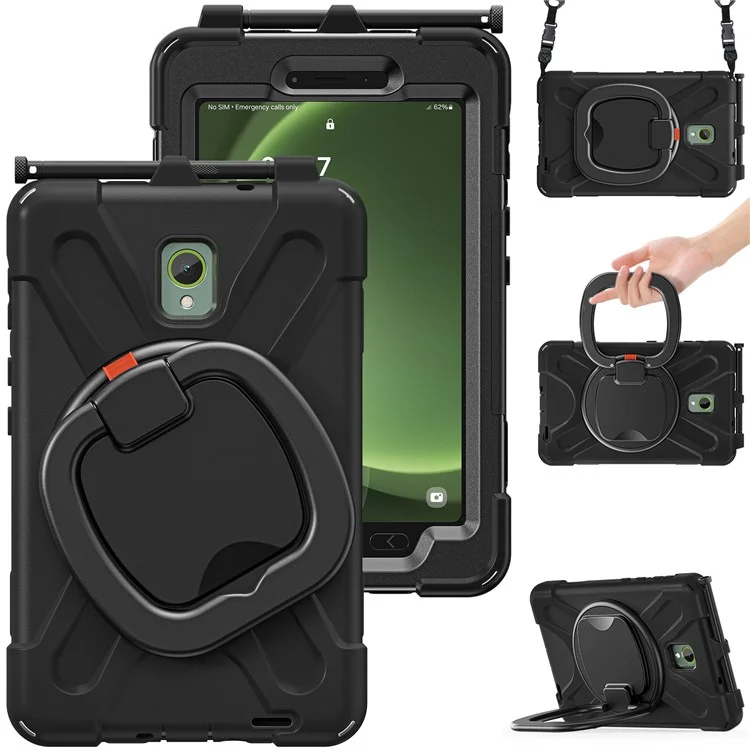 For Samsung Galaxy Tab Active5 SM-X300 Case Kickstand Rugged Tablet Cover with Shoulder Strap - Black