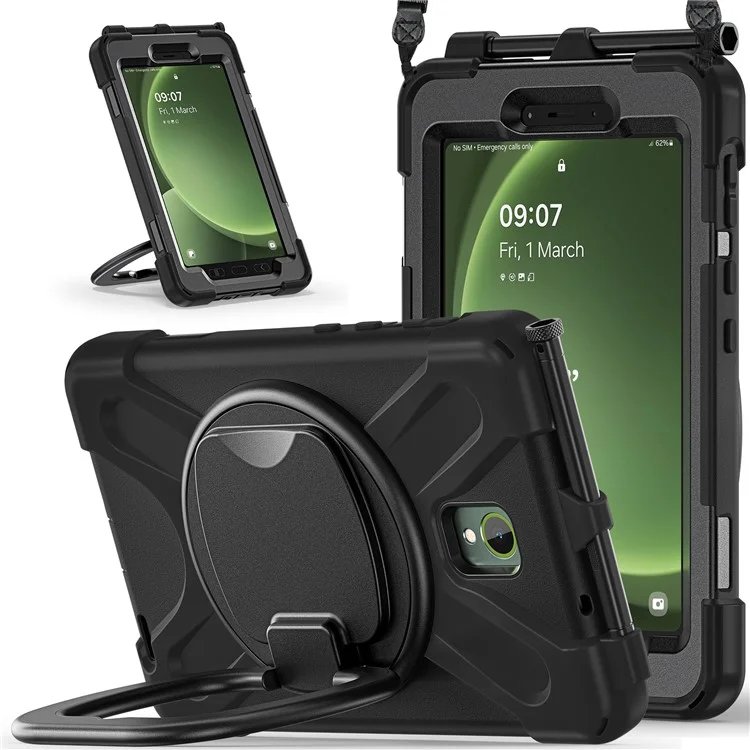 For Samsung Galaxy Tab Active5 SM-X300 Case Kickstand Rugged Tablet Cover with Shoulder Strap - Black