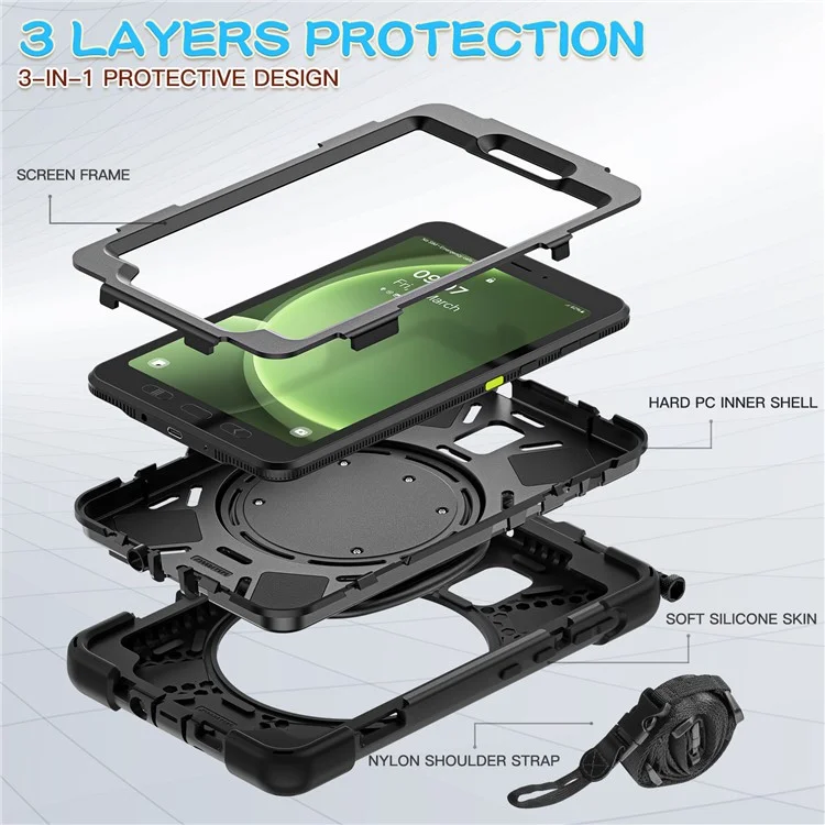 For Samsung Galaxy Tab Active5 SM-X300 Case Kickstand Rugged Tablet Cover with Shoulder Strap - Black