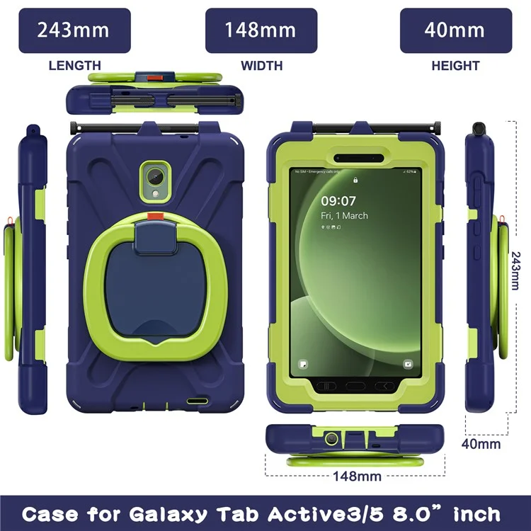 Pour Samsung Galaxy Tab Active5 SM-X300 Coque de support Étui robuste antichoc - Bleu marine+Jaune vert