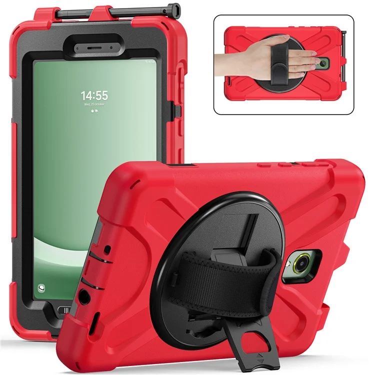 For Samsung Galaxy Tab Active 3 T570 / Tab Active5 X306B Case Rotary Kickstand PC+Silicone Hand Strap Tablet Cover - Red