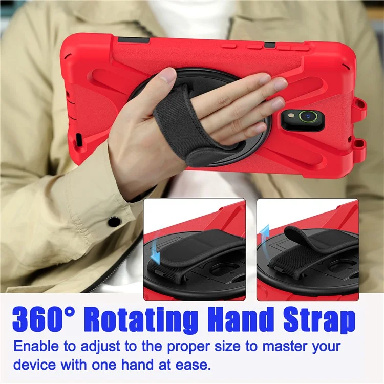 For Samsung Galaxy Tab Active 3 T570 / Tab Active5 X306B Case Rotary Kickstand PC+Silicone Hand Strap Tablet Cover - Red