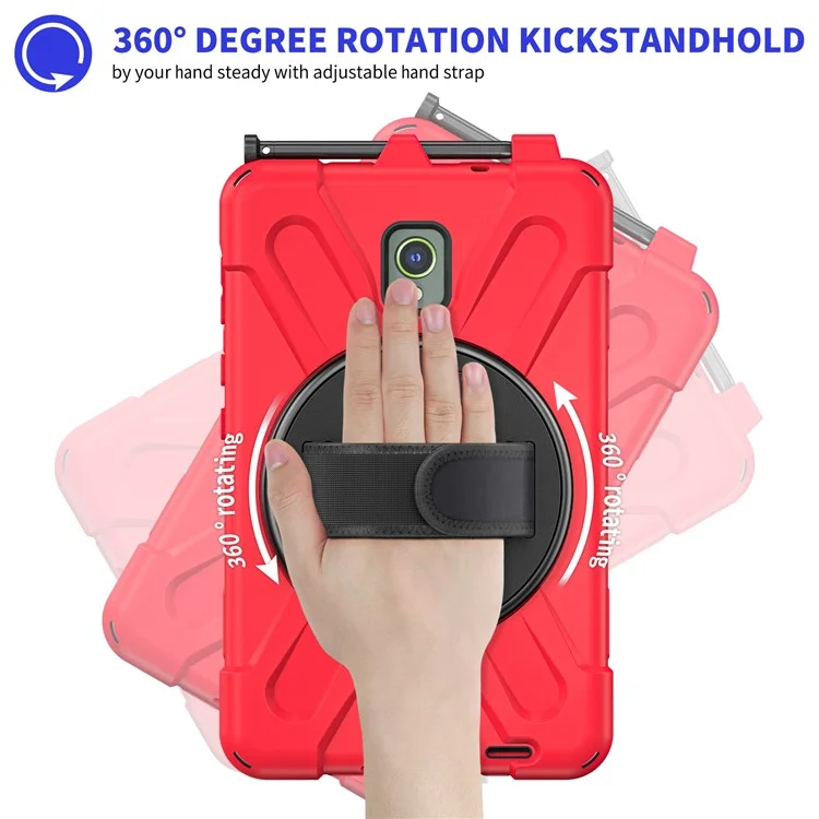 For Samsung Galaxy Tab Active 3 T570 / Tab Active5 X306B Case Rotary Kickstand PC+Silicone Hand Strap Tablet Cover - Red
