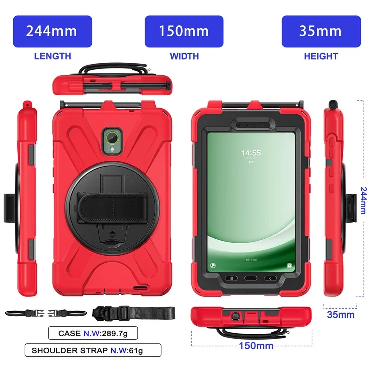 For Samsung Galaxy Tab Active 3 T570 / Tab Active5 X306B Case Rotary Kickstand PC+Silicone Hand Strap Tablet Cover - Red