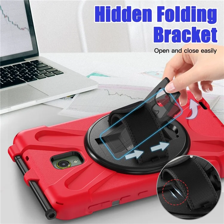 For Samsung Galaxy Tab Active 3 T570 / Tab Active5 X306B Case Rotary Kickstand PC+Silicone Hand Strap Tablet Cover - Red