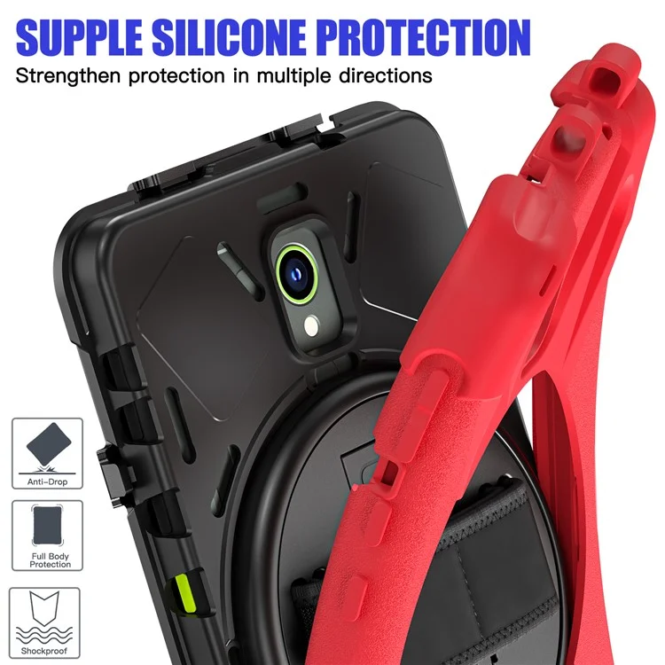 For Samsung Galaxy Tab Active 3 T570 / Tab Active5 X306B Case Rotary Kickstand PC+Silicone Hand Strap Tablet Cover - Red