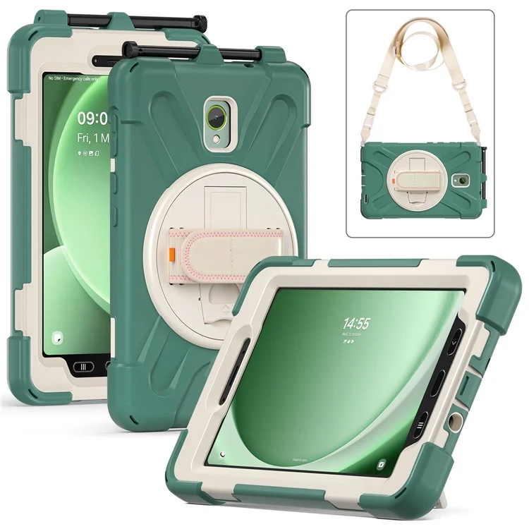 For Samsung Galaxy Tab Active 3 T570 / Tab Active5 X306B Case PC+Silicone Protective Cover with Shoulder Strap - Emerald Green