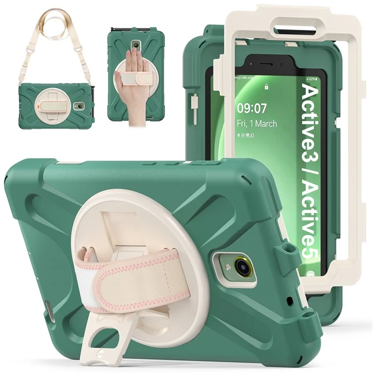 For Samsung Galaxy Tab Active 3 T570 / Tab Active5 X306B Case PC+Silicone Protective Cover with Shoulder Strap - Emerald Green