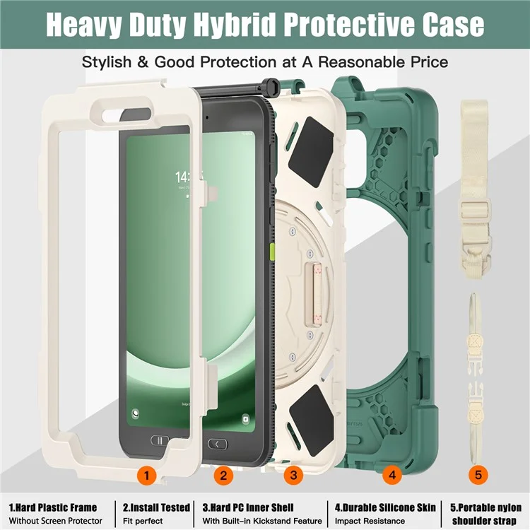 For Samsung Galaxy Tab Active 3 T570 / Tab Active5 X306B Case PC+Silicone Protective Cover with Shoulder Strap - Emerald Green