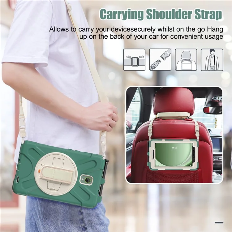 For Samsung Galaxy Tab Active 3 T570 / Tab Active5 X306B Case PC+Silicone Protective Cover with Shoulder Strap - Emerald Green