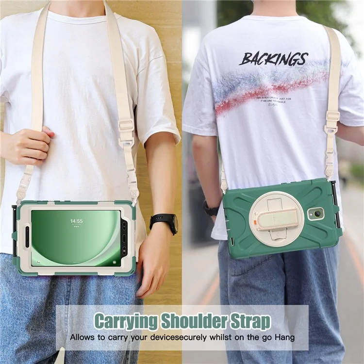 For Samsung Galaxy Tab Active 3 T570 / Tab Active5 X306B Case PC+Silicone Protective Cover with Shoulder Strap - Emerald Green