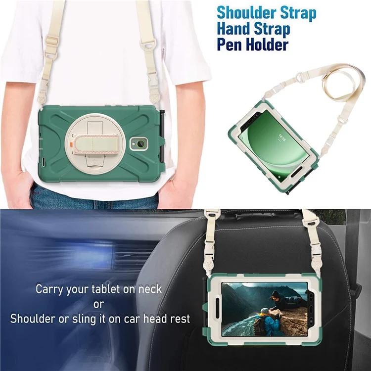 For Samsung Galaxy Tab Active 3 T570 / Tab Active5 X306B Case PC+Silicone Protective Cover with Shoulder Strap - Emerald Green