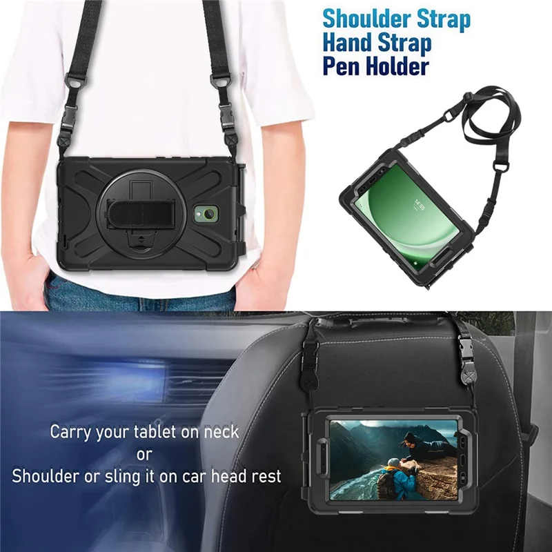 For Samsung Galaxy Tab Active 3 T570 / Tab Active5 X306B Case PC+Silicone Protective Cover with Shoulder Strap - Black