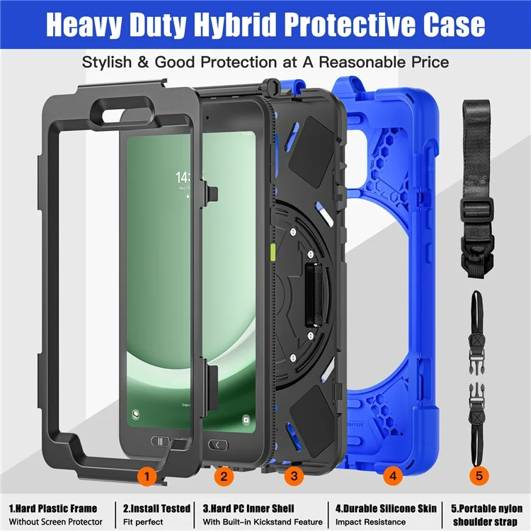 For Samsung Galaxy Tab Active 3 T570 / Tab Active5 X306B Case PC+Silicone Protective Cover with Shoulder Strap - Blue