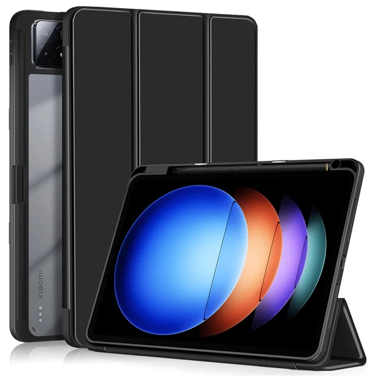 Para Xiaomi Pad 6S Pro 12.4 Case Tri-fold Stand PU Leather Tablet Cover com Pen Slot - Preto