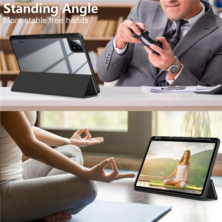 Para Xiaomi Pad 6S Pro 12.4 Case Tri-fold Stand PU Leather Tablet Cover com Pen Slot - Preto