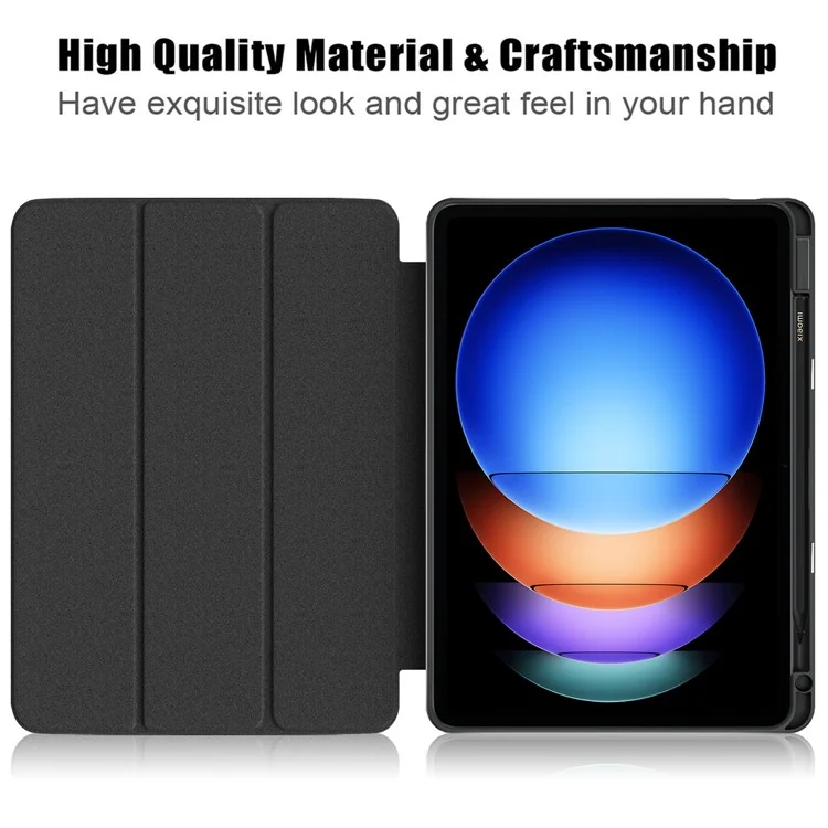 Para Xiaomi Pad 6S Pro 12.4 Case Tri-fold Stand PU Leather Tablet Cover com Pen Slot - Preto