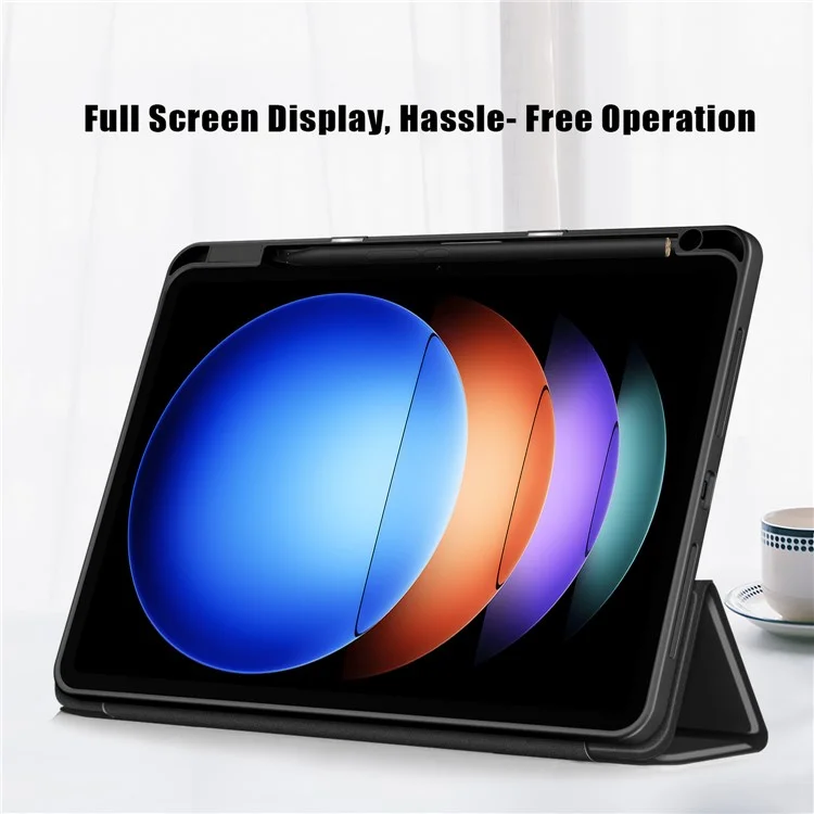Para Xiaomi Pad 6S Pro 12.4 Case Tri-fold Stand PU Leather Tablet Cover com Pen Slot - Preto