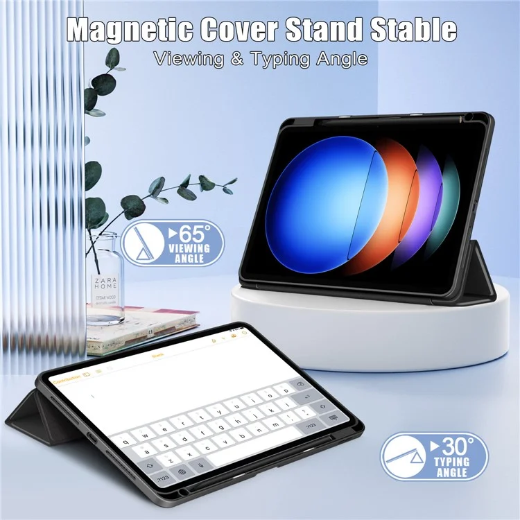 Para Xiaomi Pad 6S Pro 12.4 Case Tri-fold Stand PU Leather Tablet Cover com Pen Slot - Preto