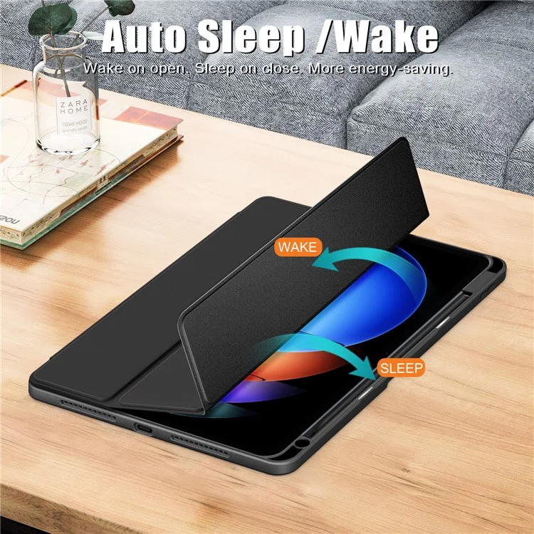 Para Xiaomi Pad 6S Pro 12.4 Case Tri-fold Stand PU Leather Tablet Cover com Pen Slot - Preto