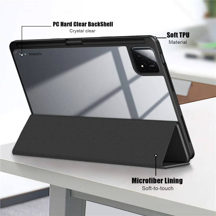 Para Xiaomi Pad 6S Pro 12.4 Case Tri-fold Stand PU Leather Tablet Cover com Pen Slot - Preto