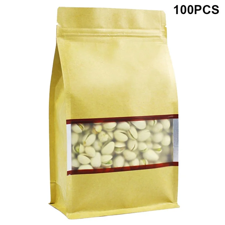 MX-004 100PCS Resealable Kraft Paper Bag 14x24cm Food Packaging Bags with Window