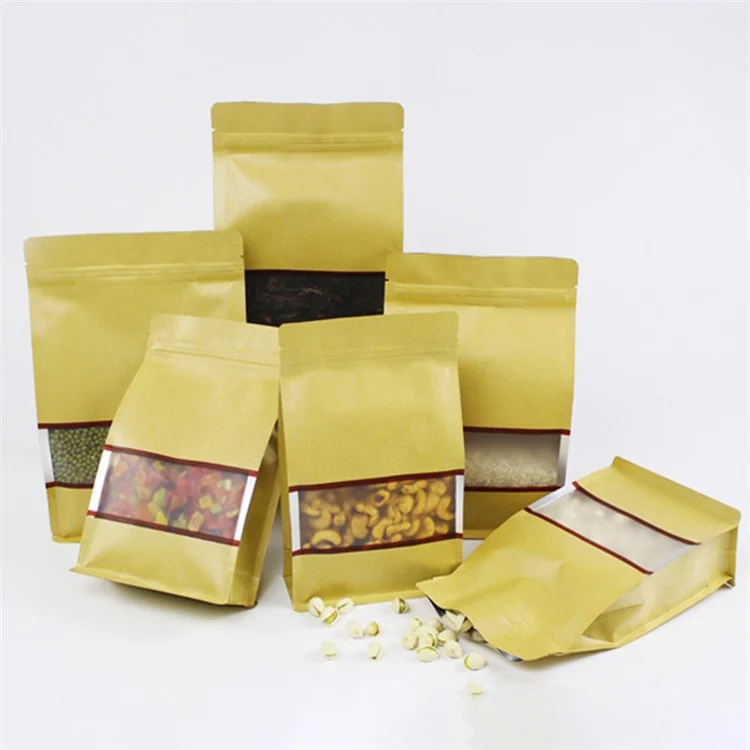 MX-004 100PCS Resealable Kraft Paper Bag 14x24cm Food Packaging Bags with Window
