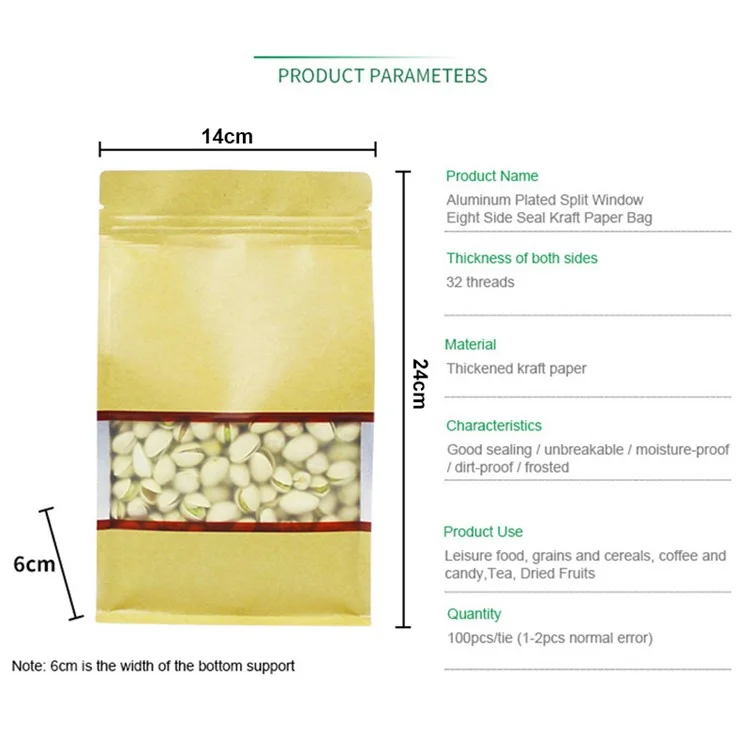 MX-004 100PCS Resealable Kraft Paper Bag 14x24cm Food Packaging Bags with Window
