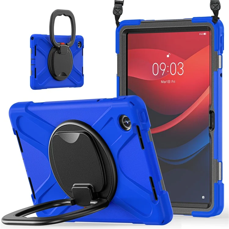 For Lenovo Tab M11 / Xiaoxin Pad 11 2024 TB-330FU 331FC Kickstand Case Tablet Cover with Shoulder Strap - Blue+Black