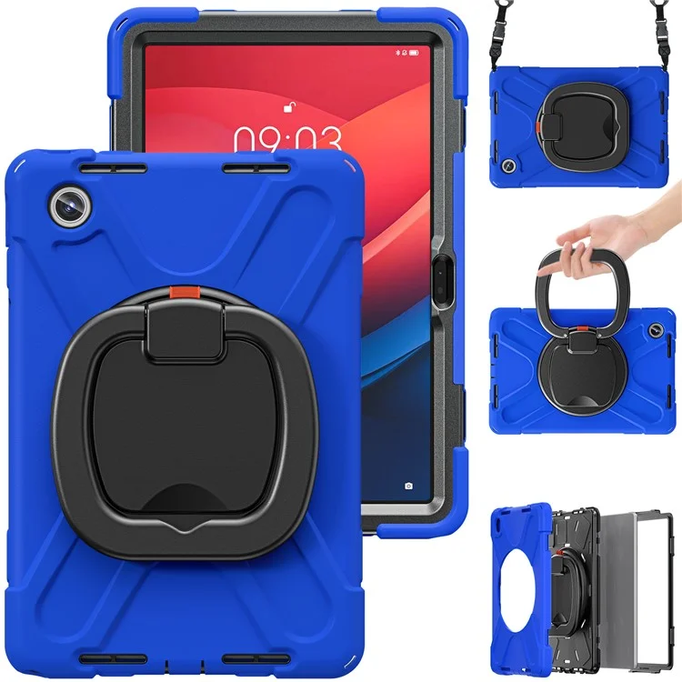 For Lenovo Tab M11 / Xiaoxin Pad 11 2024 TB-330FU 331FC Kickstand Case Tablet Cover with Shoulder Strap - Blue+Black