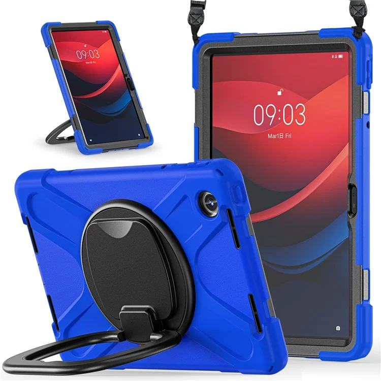For Lenovo Tab M11 / Xiaoxin Pad 11 2024 TB-330FU 331FC Kickstand Case Tablet Cover with Shoulder Strap - Blue+Black