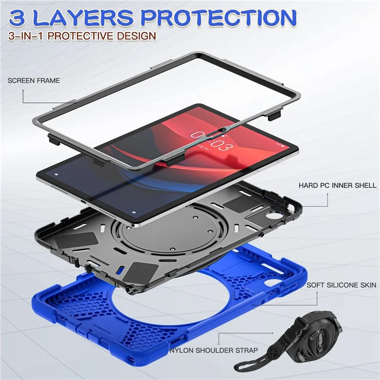 For Lenovo Tab M11 / Xiaoxin Pad 11 2024 TB-330FU 331FC Kickstand Case Tablet Cover with Shoulder Strap - Blue+Black