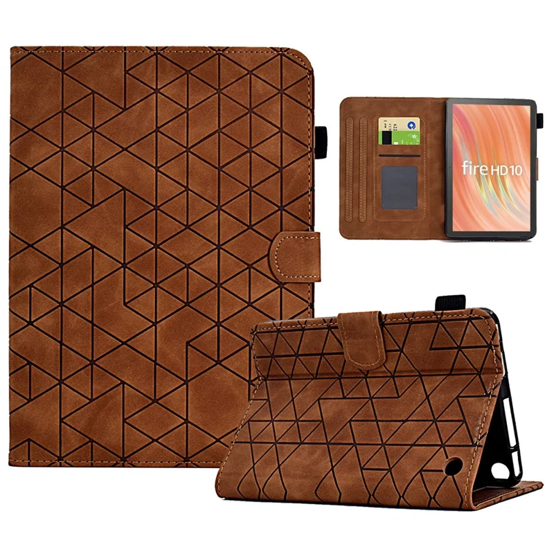 A9 For Amazon Fire HD 10 (2023) Case Card Slots Stand Rhombus Leather Tablet Cover - Brown