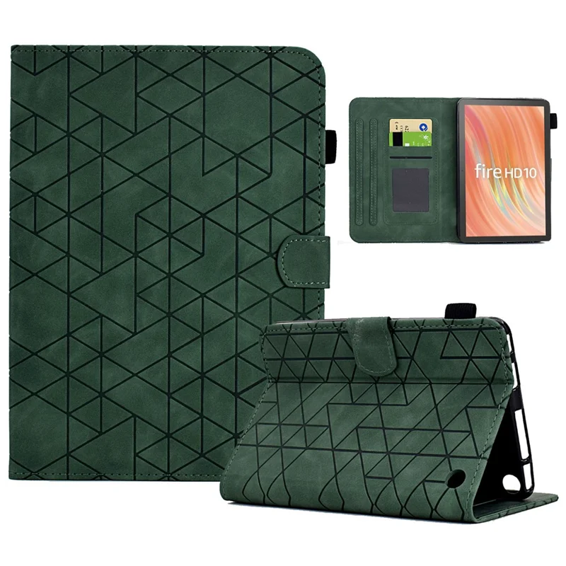 Étui A9 pour Amazon Fire HD 10 (2023) Logements pour cartes Support en cuir de rhombe - Vert