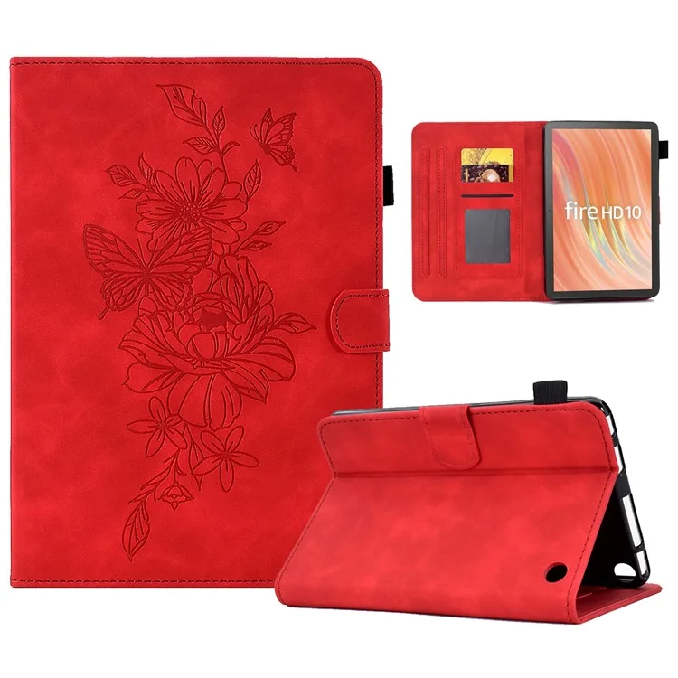 A7 For Amazon Fire HD 10 (2023) Tablet Case Flower Butterfly Imprinted Leather Cover with Card Slots - Red