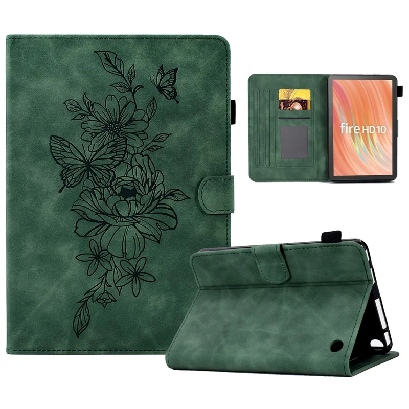 A7 For Amazon Fire HD 10 (2023) Tablet Case Flower Butterfly Imprinted Leather Cover with Card Slots - Green