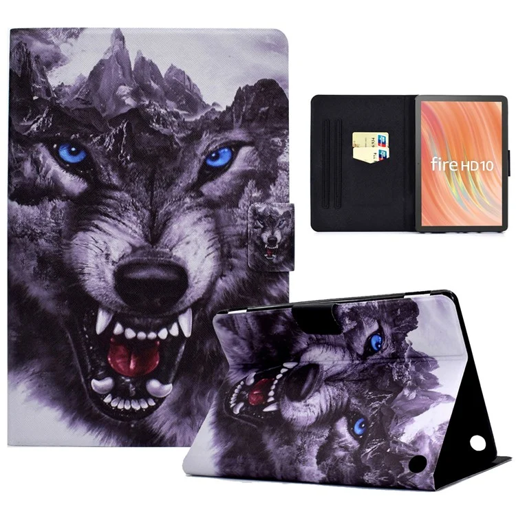 A2 For Amazon Fire HD 10 (2023) Case Pattern Printed PU Leather Tablet Cover with Card Slots - Wolf Dog