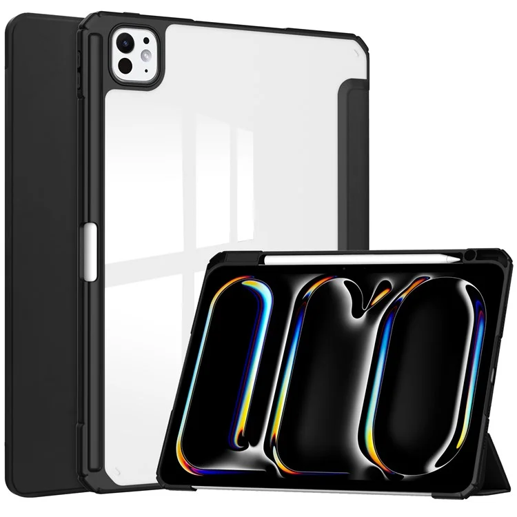 For iPad Pro 11 (2024) Case PU Leather+TPU+Acrylic Clear Tablet Cover with Pen Slot - Black