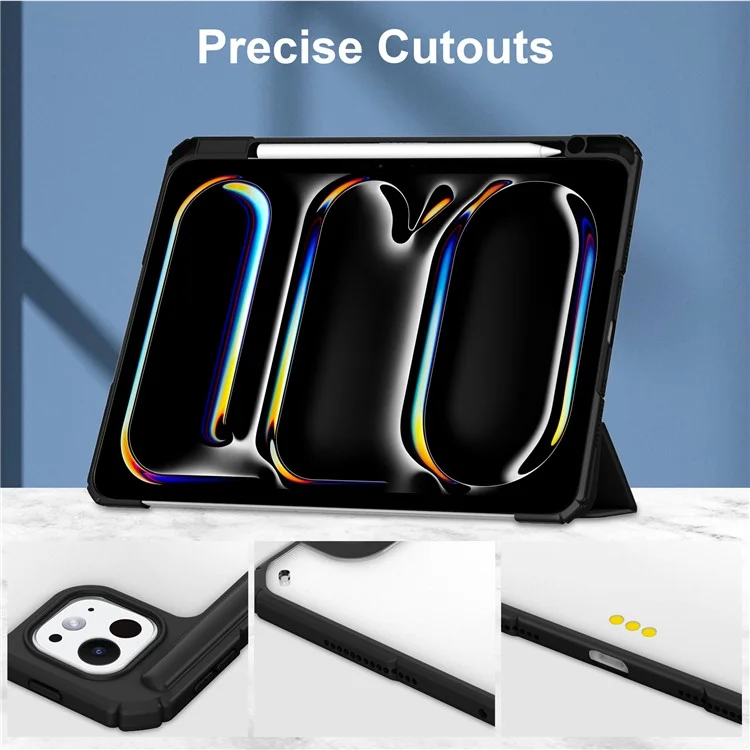 For iPad Pro 11 (2024) Case PU Leather+TPU+Acrylic Clear Tablet Cover with Pen Slot - Black