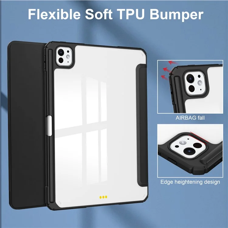 For iPad Pro 11 (2024) Case PU Leather+TPU+Acrylic Clear Tablet Cover with Pen Slot - Black