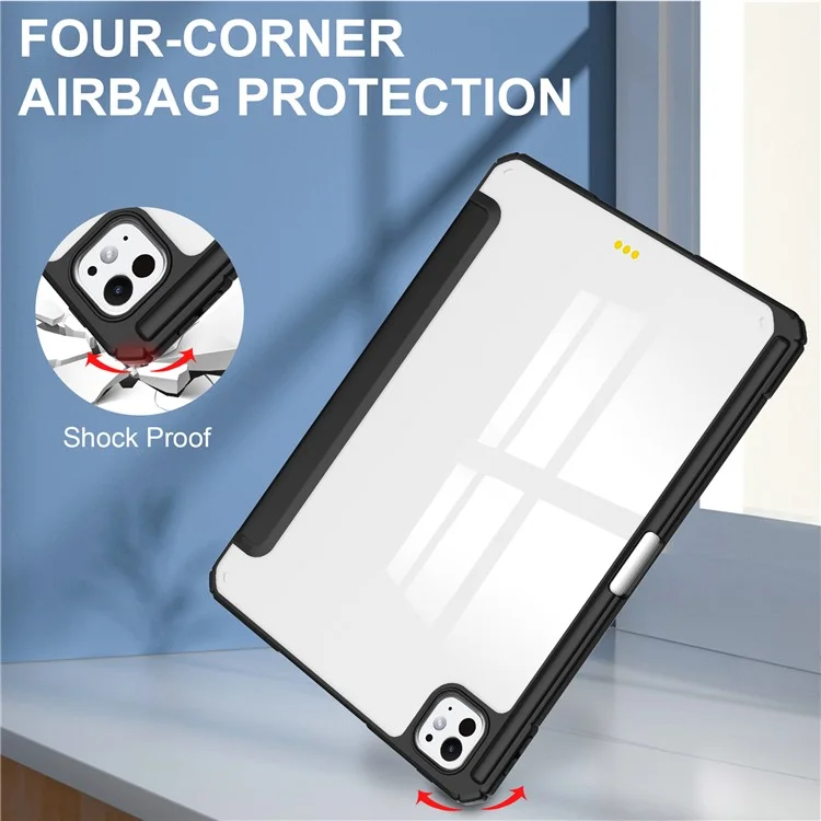 For iPad Pro 11 (2024) Case PU Leather+TPU+Acrylic Clear Tablet Cover with Pen Slot - Black