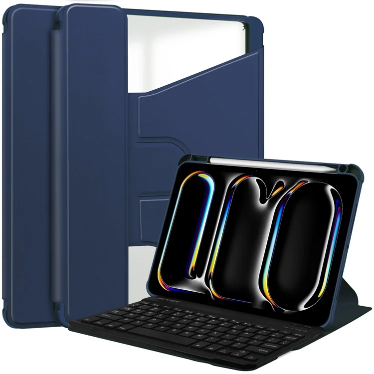 For iPad Pro 11 (2024) Case Leather+Acrylic Stand Tablet Cover with Bluetooth-compatible Keyboard - Dark Blue