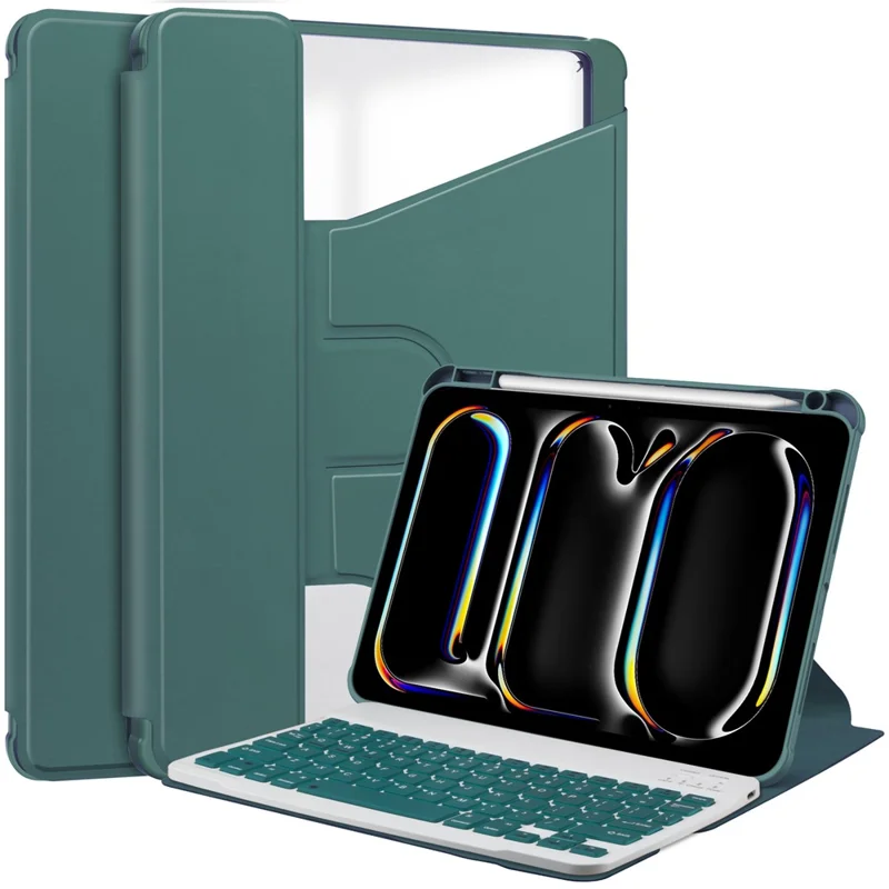 For iPad Pro 11 (2025) / 11 (2024) Case Leather+Acrylic Stand Tablet Cover with Bluetooth-compatible Keyboard - Blackish Green