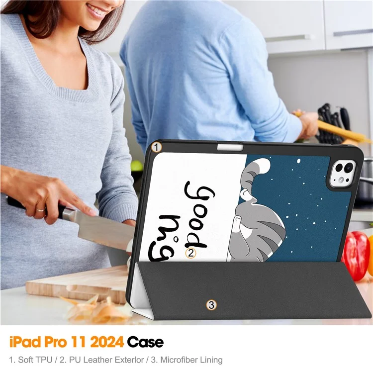Pour iPad Pro 11 (2024) Étui Impression Motif PU Cuir Support Tri-pli avec Fente pour Stylet - Chat