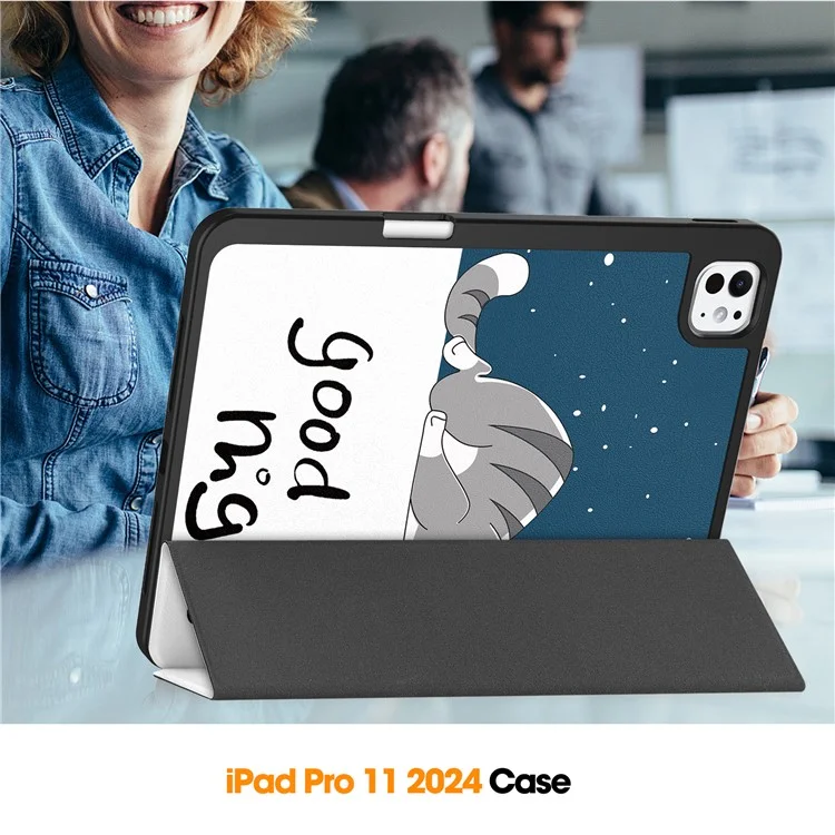 Pour iPad Pro 11 (2024) Étui Impression Motif PU Cuir Support Tri-pli avec Fente pour Stylet - Chat