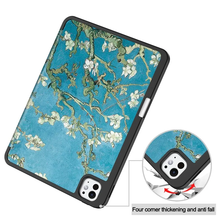 Custodia per iPad Pro 11 (2024) Stampa a motivi in pelle sintetica PU Custodia con supporto pieghevole a tre ante con slot per penna - Fiore d'albicocca
