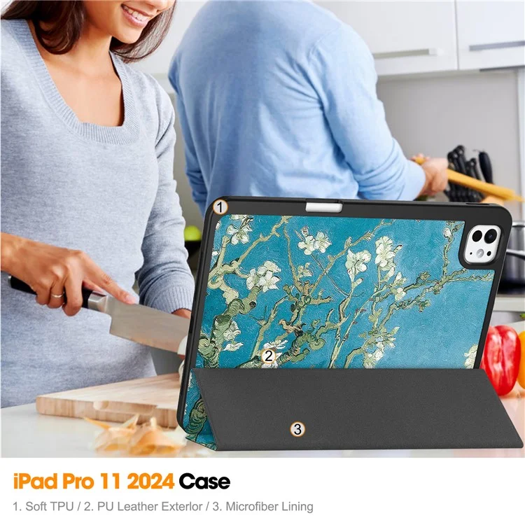 Custodia per iPad Pro 11 (2024) Stampa a motivi in pelle sintetica PU Custodia con supporto pieghevole a tre ante con slot per penna - Fiore d'albicocca