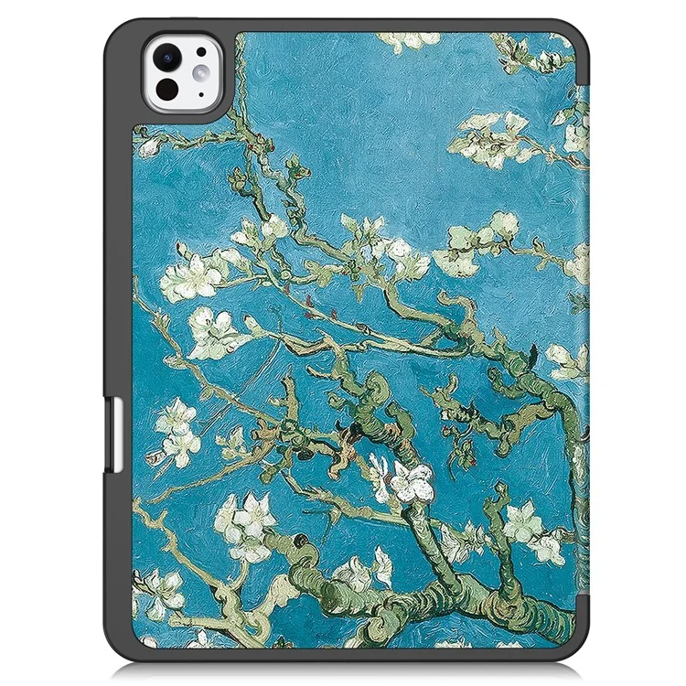 Custodia per iPad Pro 11 (2024) Stampa a motivi in pelle sintetica PU Custodia con supporto pieghevole a tre ante con slot per penna - Fiore d'albicocca